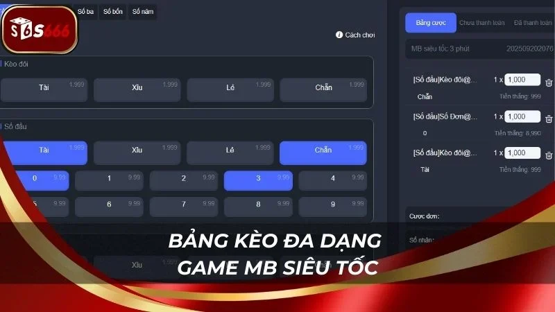 Danh sách bảng kèo và tỷ lệ thưởng cho người chơi